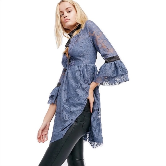 FREE PEOPLE Dress Victorian Blue Gilded Lace Dress Size Small - Picture 3 of 14